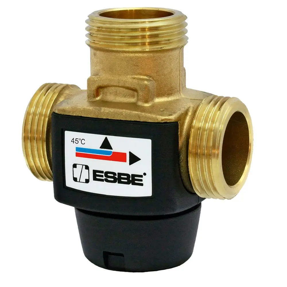 Thermisches Zonenventil von ESBE mit drei Anschlüssen, typisches Design für Temperaturregelung in Heizsystemen. Sichtbare Markierungen zur Flussrichtung und Temperatureinstellung.